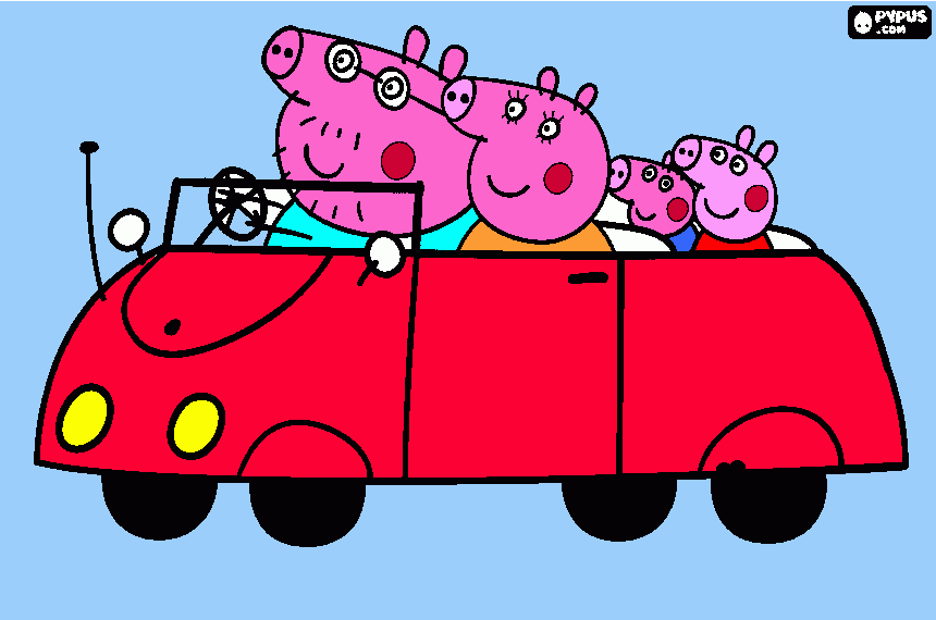 раскраска свинка Пеппа и её семья на машине