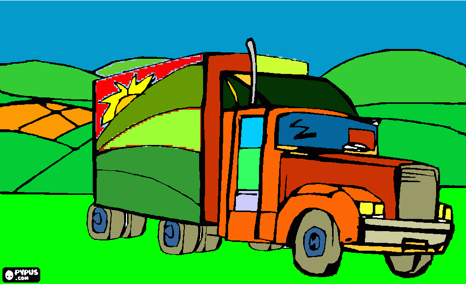 раскраска грузовик у холмов