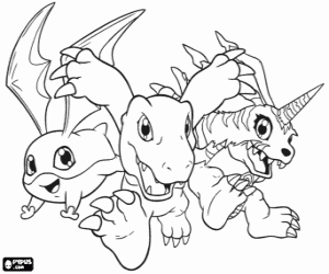 раскраска Digimon: Patamon, Agumon и Gabumon