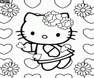 раскраска Hello Kitty среди цветов и сердца
