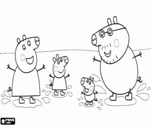 раскраска Peppa Pig семье и лужи