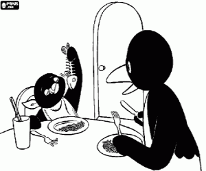 раскраска Pingu ест вкусную рыбу
