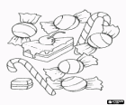 Различные конфеты или сладости - конфеты, конфеты палочки и кусок торта