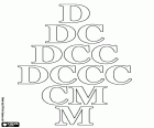 Дидактическое лист с римские цифры 500 D, шесть сотен DC, семьсот ДКК, восемьсот DCCC, девять сотен C и тыс M.