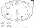 5:30 и с 17:30, это половина прошлых пяти утром или после обеда, пять часов и тридцать минут, в раскраски страницу, чтобы узнать часы