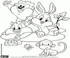 Три ребенка Baby Looney Tunes символы играя с другими маленькие животные, обезьяны, черепаха, Жук и улитка