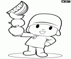 Pocoyo с фруктами на руке. Pocoyo любит фрукты, который является пищей, которая содержит много витаминов
