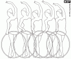 Группа из пяти гимнасток, квинтет, выполняющий упражнение с обручами