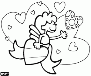 раскраска Ангел любви между сердца