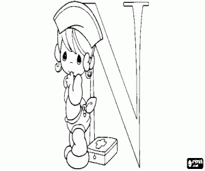 раскраска Буква N с ребенком медсестры