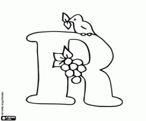 раскраска Буква R, птица и фрукты