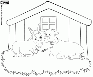 раскраска Быка и мула в конюшне