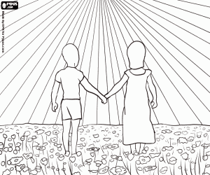 раскраска Двое детей, наслаждаясь весной