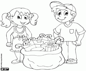 раскраска Дети и рождественские подарки мешок