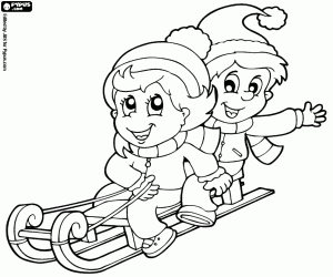 раскраска Дети с удовольствием на салазках