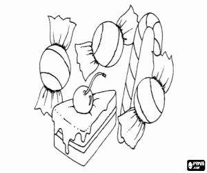 раскраска Кусок торта и конфеты