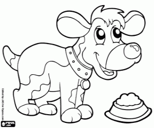 раскраска Маленькая собака счастлива с пищей