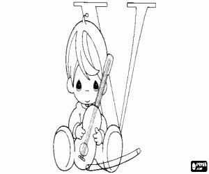 раскраска Маленький мальчик и скрипки с буквы V