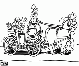 раскраска Невеста и жених в вагоне лошадей