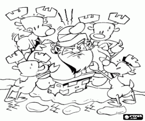 раскраска Олени, толкая Санта-Клауса