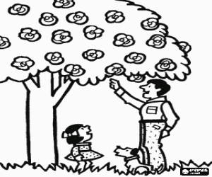 раскраска Отец, дочь и цветущее дерево