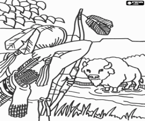 раскраска Охотник с луком и зубра