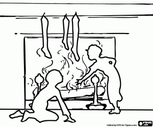 раскраска Подсветка с камином и детьми