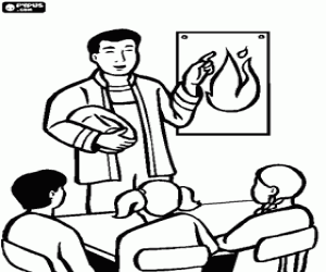 раскраска Пожарный с детьми школы