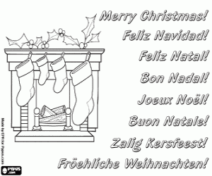 раскраска Рождественская открытка с камином