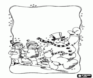 раскраска Снеговик и детей ходить