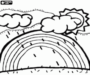 раскраска Солнце, облака, дождь и Радуга