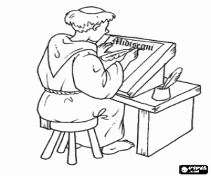 раскраска Средневековый монах с пергамента