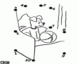 раскраска Точки до точки, собака и мяч